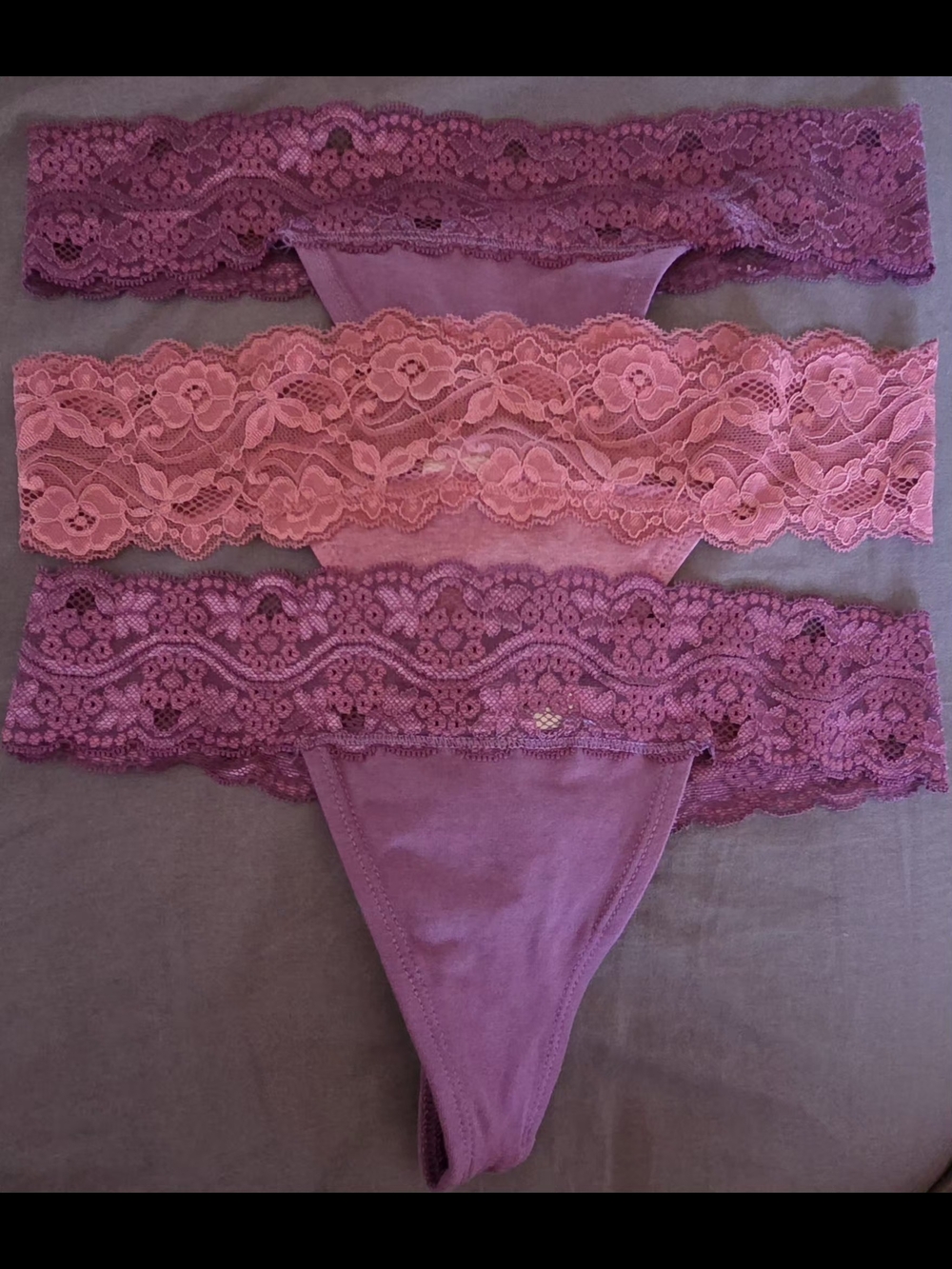 NWOT- Pact Organic- Lace-Trim Thong Panties in Pink and Plum (3pck)
